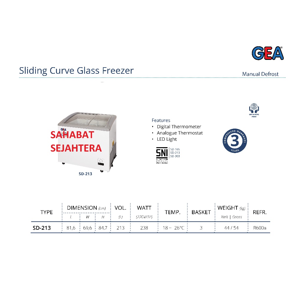 GEA Sliding Curve Glass Freezer SD-213 Freezer Sliding Kaca