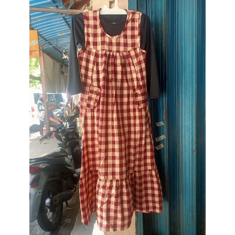 Gamis Overall + Manset Katun haruka kotak Anak Tanggung Usia 8-10 Tahun