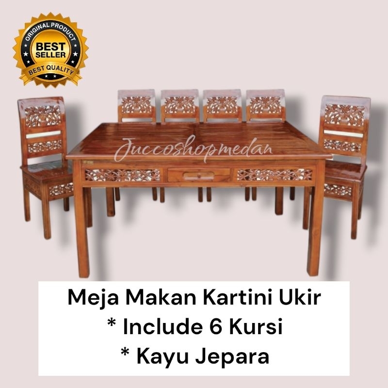 [ Jucco ] Meja Makan Jepara Kartini Mawar 6 kursi Makan Kayu Set - Meja Makan Panjang Kayu Kokoh - M
