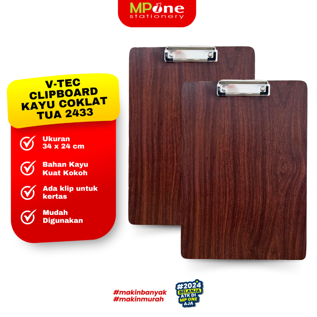 

V-Tec Clipboard Kayu Coklat Tua 2433 / Papan Ujian Kayu Kuat Coklat Tebal