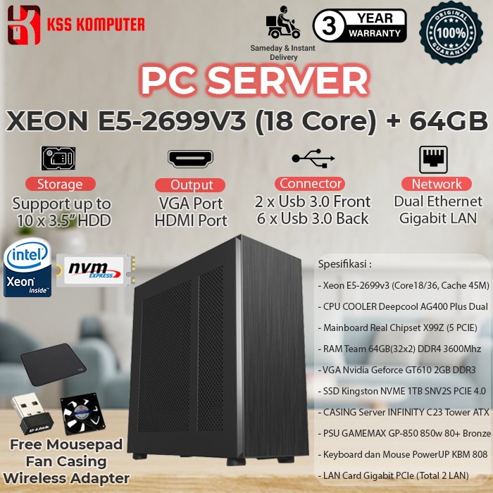 PC SERVER DUAL Processor XEON E5, 64GB, NVME, Tower Server Case