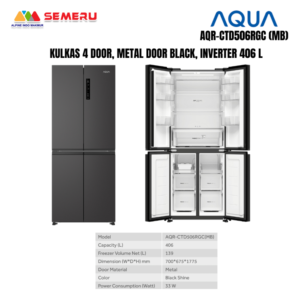 AQUA KULKAS 4 PINTU INVERTER METAL/GLASS DOOR KHUSUS MAKASSAR FREE PENGANTARAN