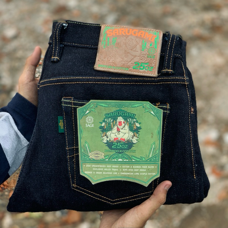 sage denim sarugami 25Oz bronze x sparkling green selvedge line