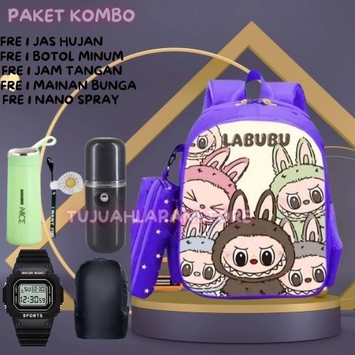 Tas Ransel Anak Perempuan LABUBU Bags Tas Sekolah Anak SD Botol Minum Nano Spray Jam