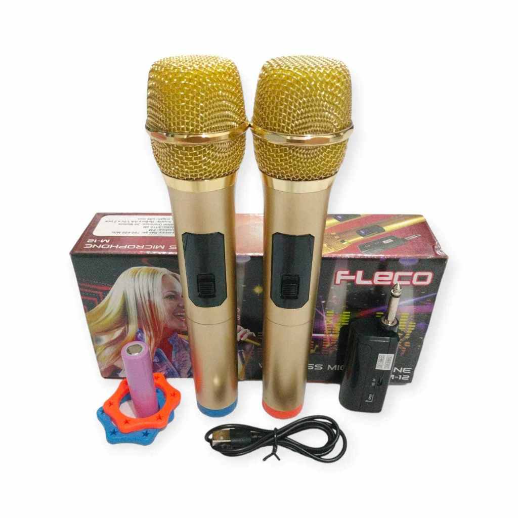 Mic Fleco Wireless Microphone Gold Tanpa Kabel Dobel Isi 2 Original