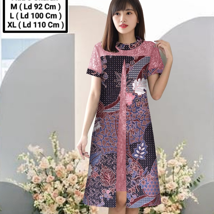 KP8 Dress Wanita Midi Model Matt Batik Kombinasi Brokat MutiaraDress Cantika Batik Size MLXL