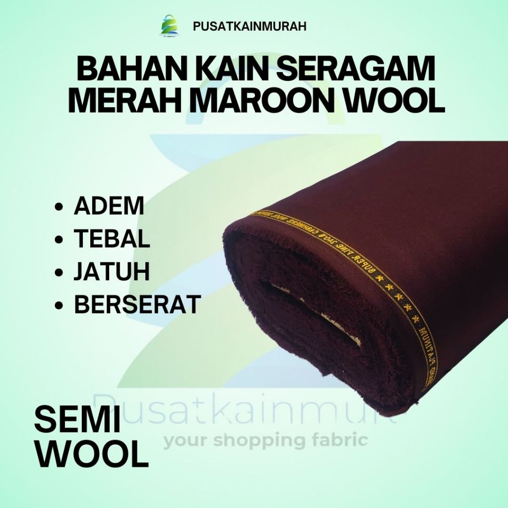BAHAN KAIN SEMIWOOL MERAH MAROON SETELAN ATAS BAWAH BAHAN TEBAL, BAHAN KAIN SERAGAM/CELANA/JAS