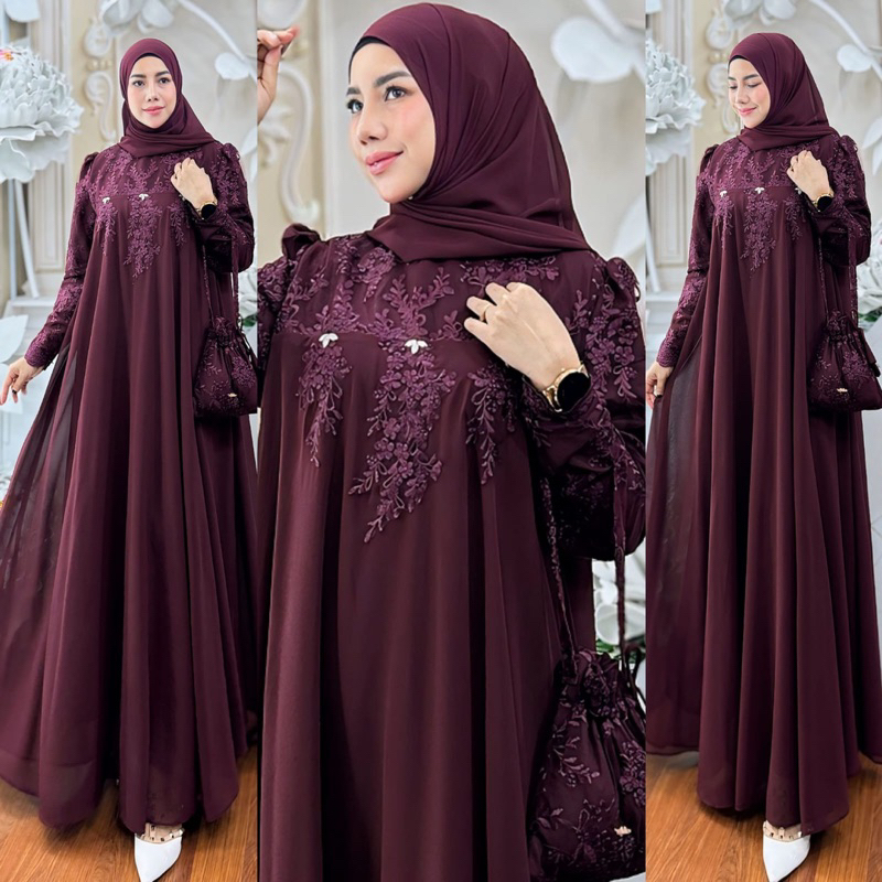 NEW EVALIA LONGDRESS BURGENDY SET PASHMINA FREE TAS BY ALDISA TERBARU ORIGINAL GAMIS LEBARAN2025 GAM