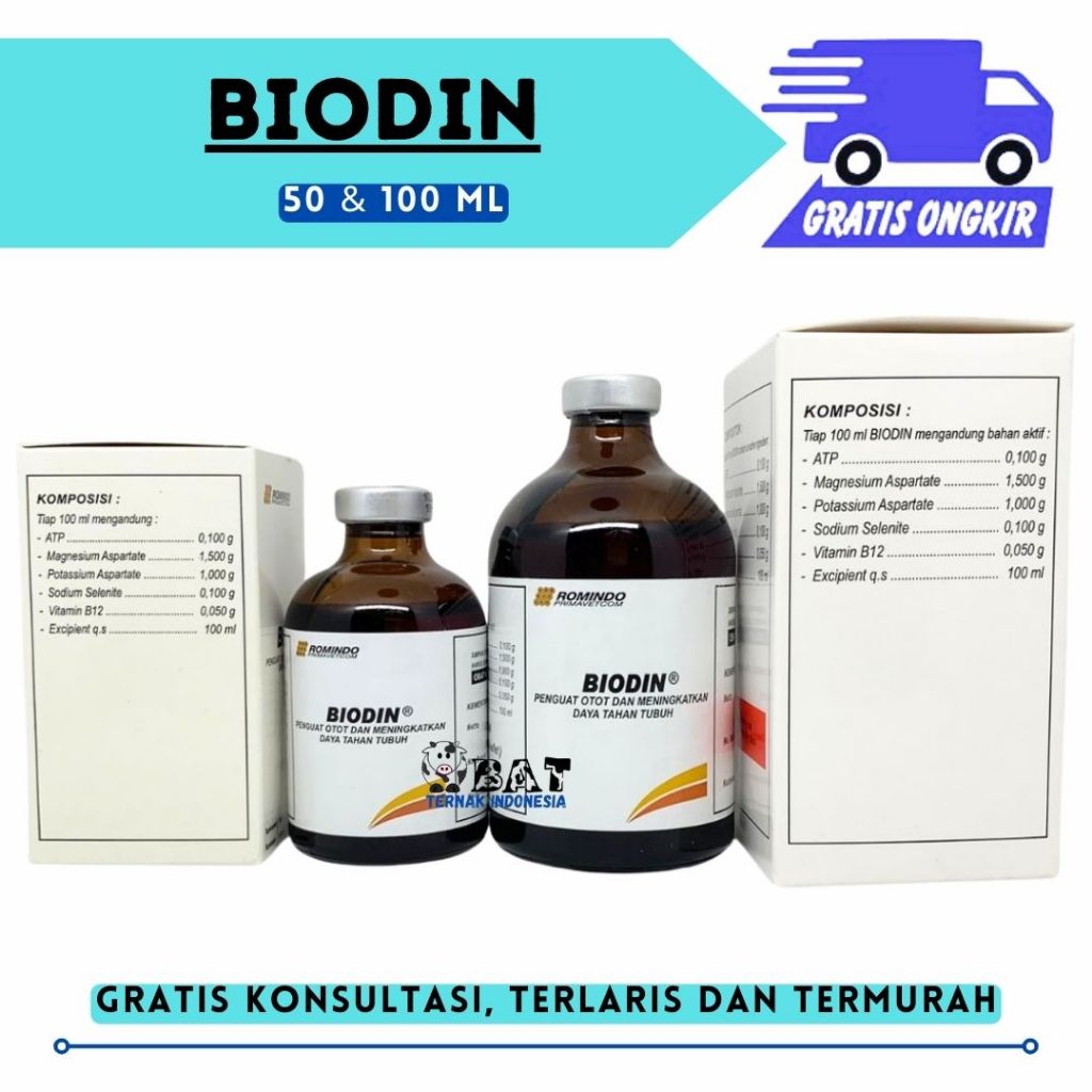 BIODIN 50ML DAN100 ML Injeksi ATP ROMINDO - Penguat Otot Stamina dan Daya Tahan Tubuh Hewan