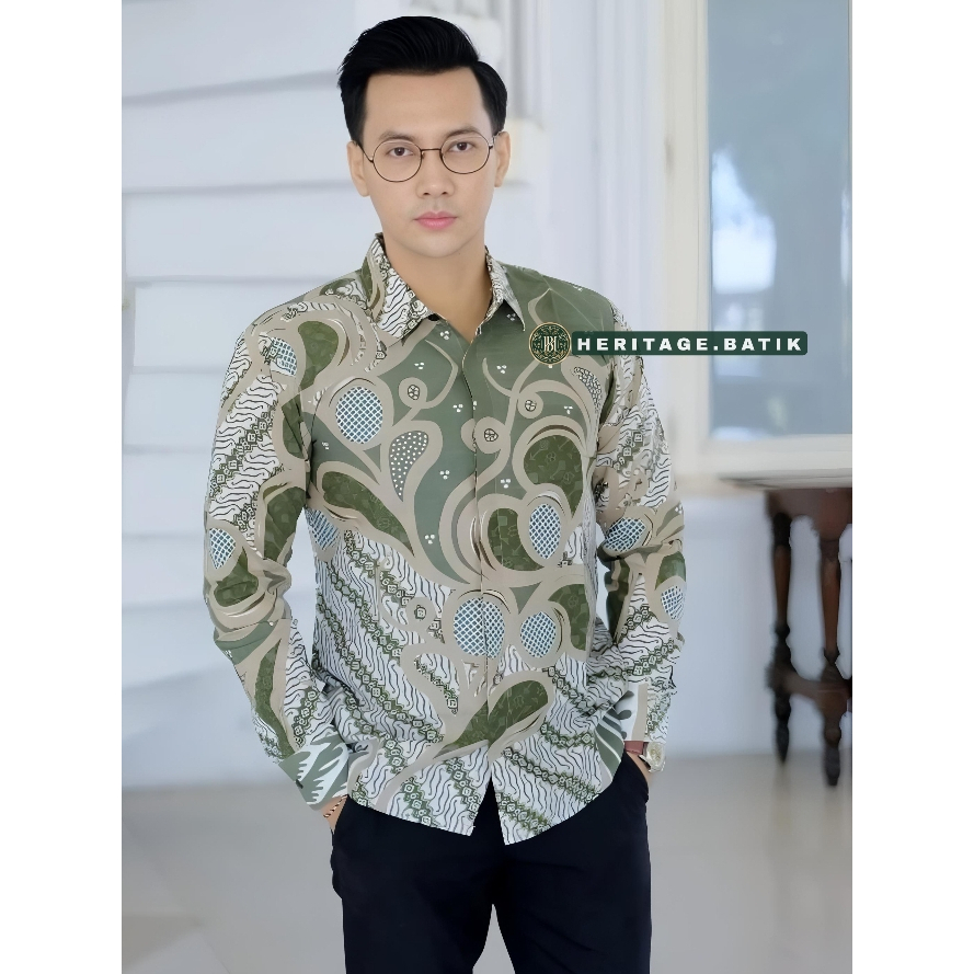 Warna SAGE GREEN TERBARU Kemeja Batik Pria Lengan Panjang slim-fitt MOTIF GAMBIRAN SAGE Baju Batik p
