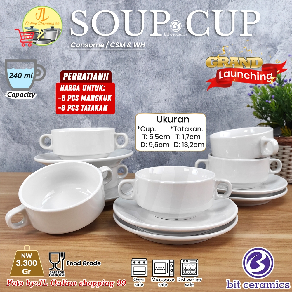 BIT CERAMICS 6 pasang mangkok kuping consome porcelain warna putih CSM-WH / soup cup and saucer zupp
