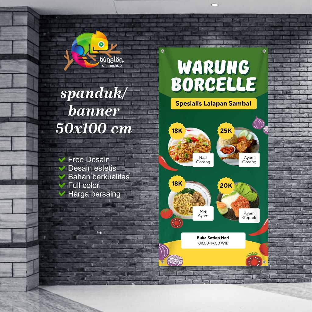 Cetak Spanduk Banner Hijau dan Kuning Modern Banner Menu Makanan Warung Lalapan