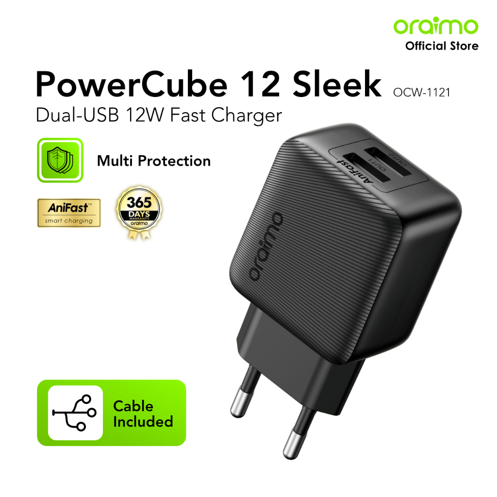 oraimo Charger Compact 12W PowerCube 12 Sleek OCW-1121E Single Port 5V 2.4A Type-C Micro USB Lightni
