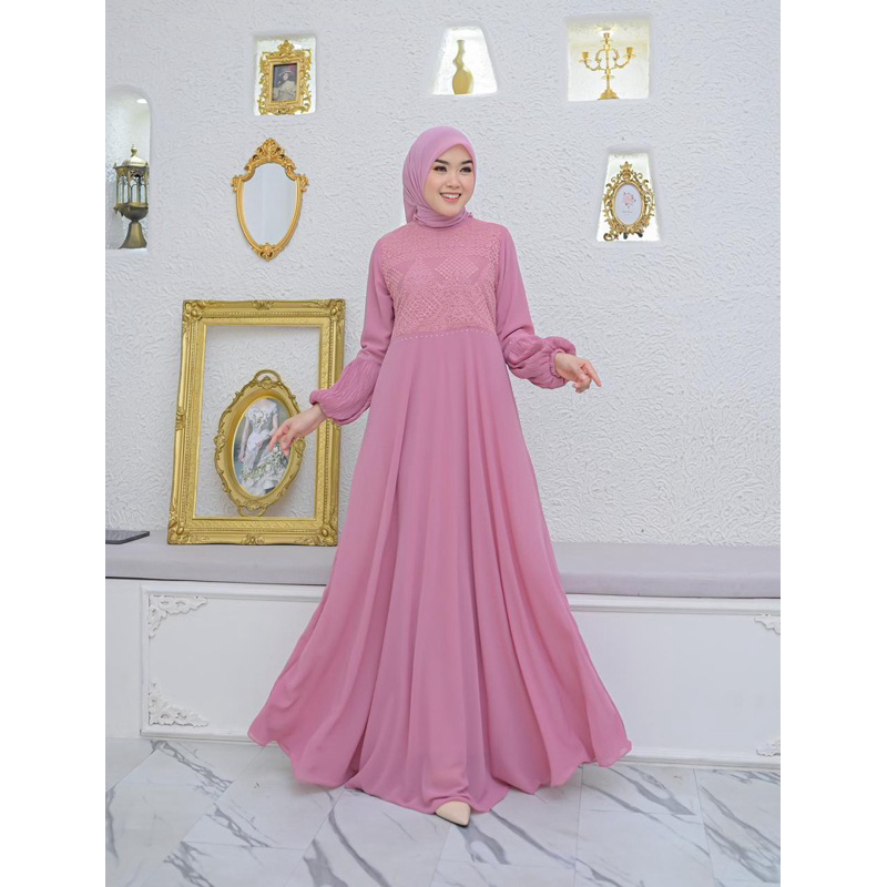 Alleyha Gamis Basic Kombinasi Ceruty Burkat Payet Premium Tangan Balon Plisket Wanita Terbaru / Gami