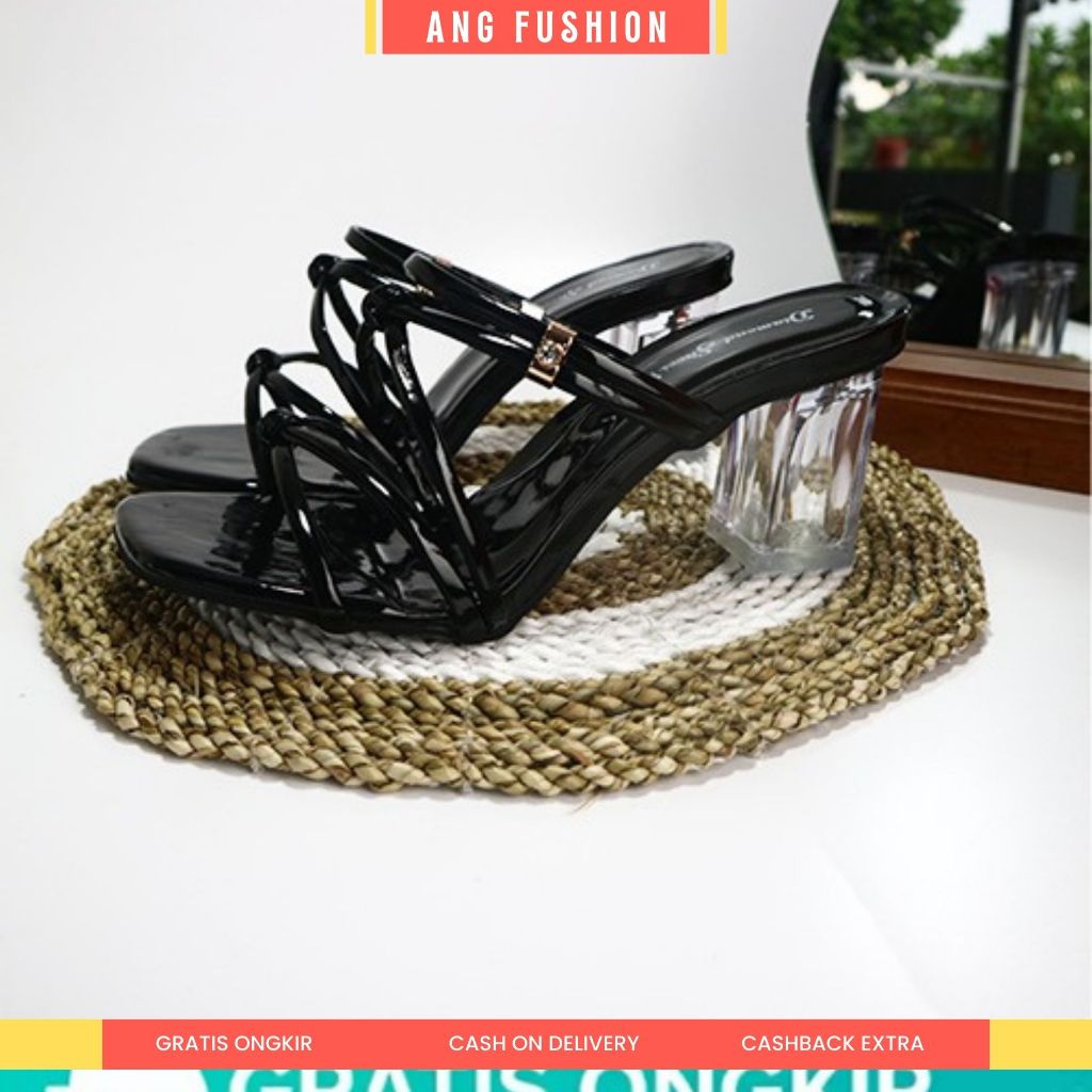 ANG FUSHION Sendal Heels Hak Kaca 7cm Tali Gladiator Lilit Sintetis Glossy DM 023