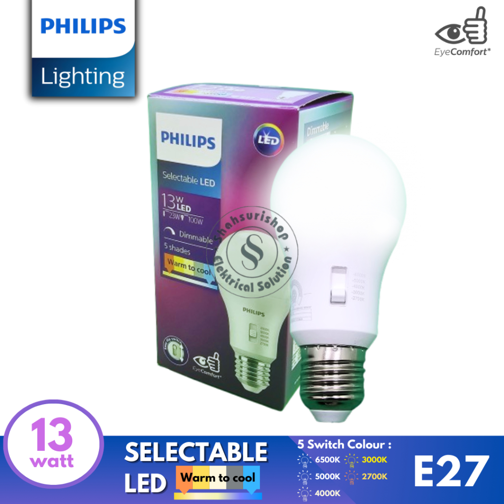 PHILIPS LAMPU DIPSWITCH SELECTABLE LED BULB E27 LAMPU 5 CAHAYA DIMMABLE 13 WATT