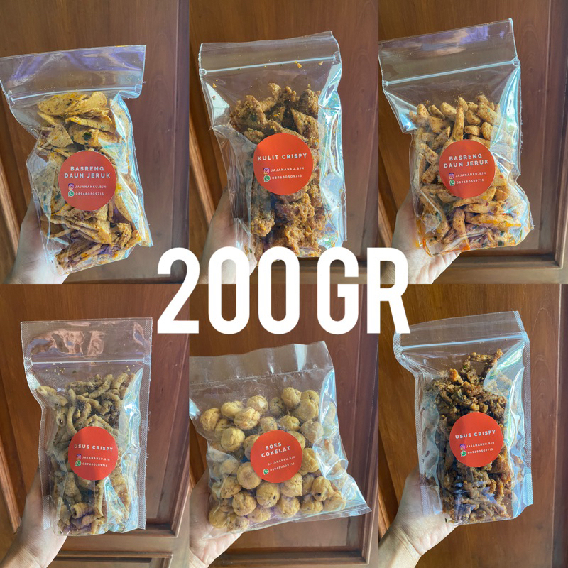 

JAJANAN KEMASAN 200 GR BASRENG KULIT AYAM USUS SOES COKLAT