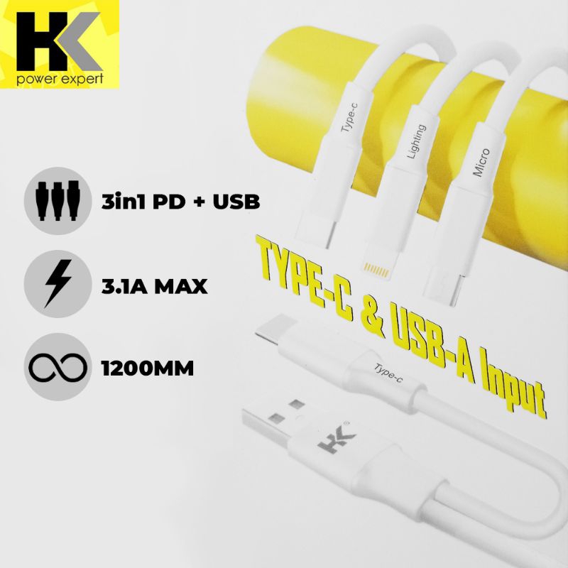 HK D23 Kabel charger 2 in 3 type C & USB input Fast Charging 3.1A