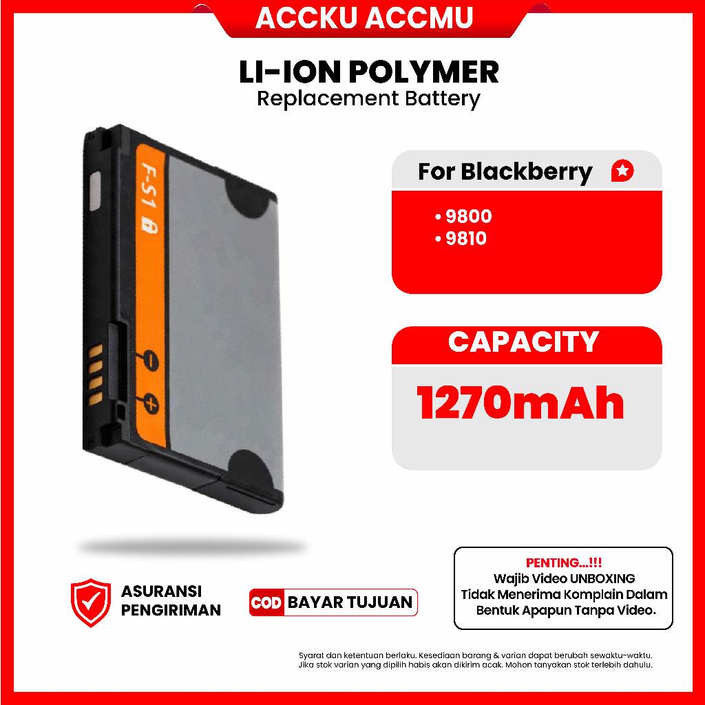 9800 100%BateraiBlackberry9800 / 9810 / F-S1BatteryBBTorch 1  9800Battery Baterai BatreBlackberryTor