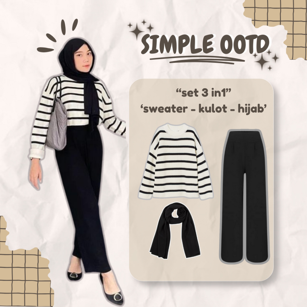Set Hijab 3IN1 ( Sweater - Kulot - Hijab ) One Set Muslim Fashion Simple OOTD Wanita Trendy - BH40