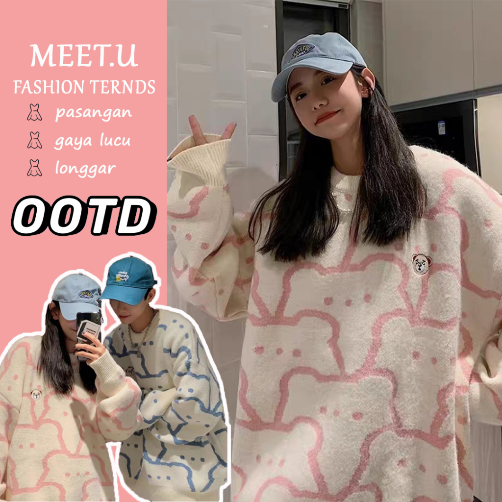 MEET.U Sweater Lengan Panjang Pullover Longgar Wanita Korea Sweter Lucu Motif Beruang Untuk Pasangan