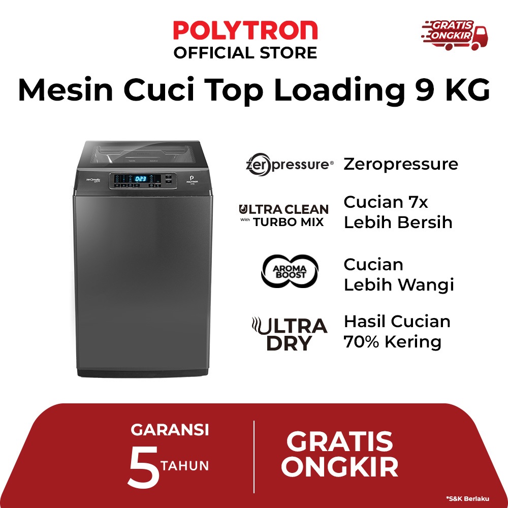 POLYTRON Mesin Cuci 1 Tabung Zeromatic Laguna series  Hijab 9 KG - PAW 9028Y