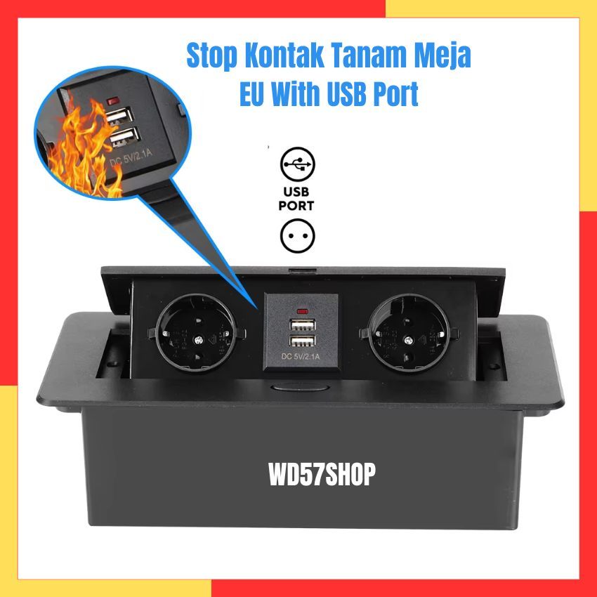 Stop Kontak Tutup Tanam Meja 2 Lubang Soket Plug EU With USB Port Charger Fast Charging