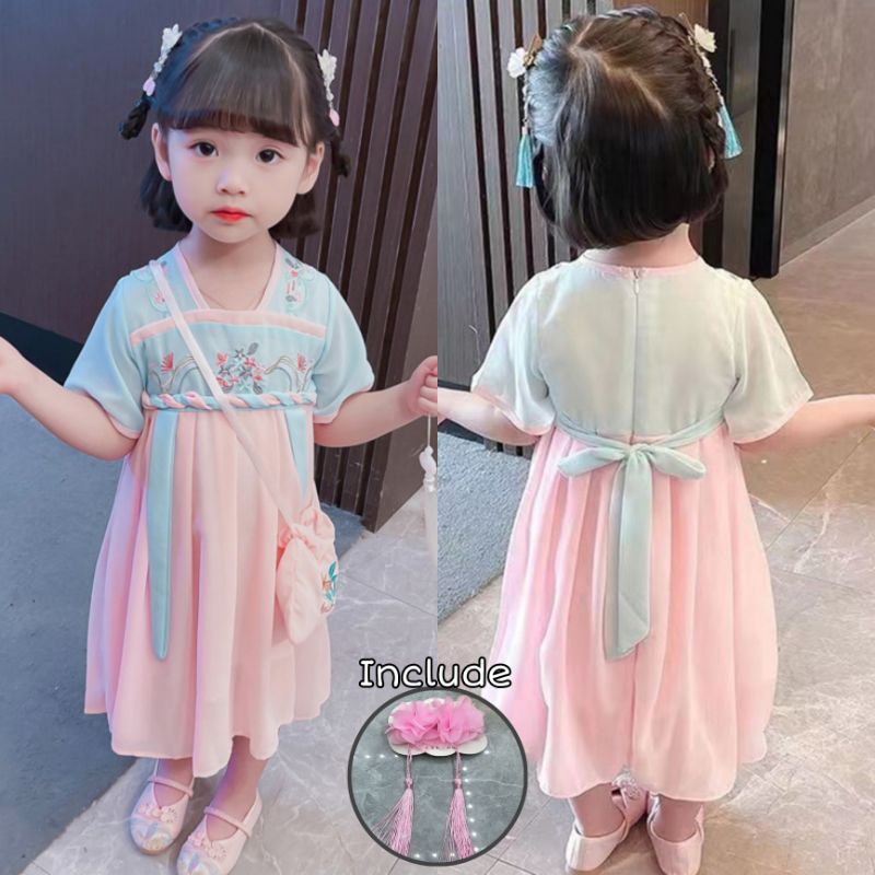 DRESS ANAK CHEONGSAM IMLEK HANFU IMPORT MURAH APLIKASI BORDIR 3in1 include tas, hairpin