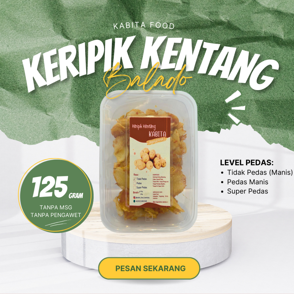 

Keripik Kentang Balado Kabita 125g - (Thinwall 750ml) Cemilan Daun Jeruk Pedas Manis No MSG