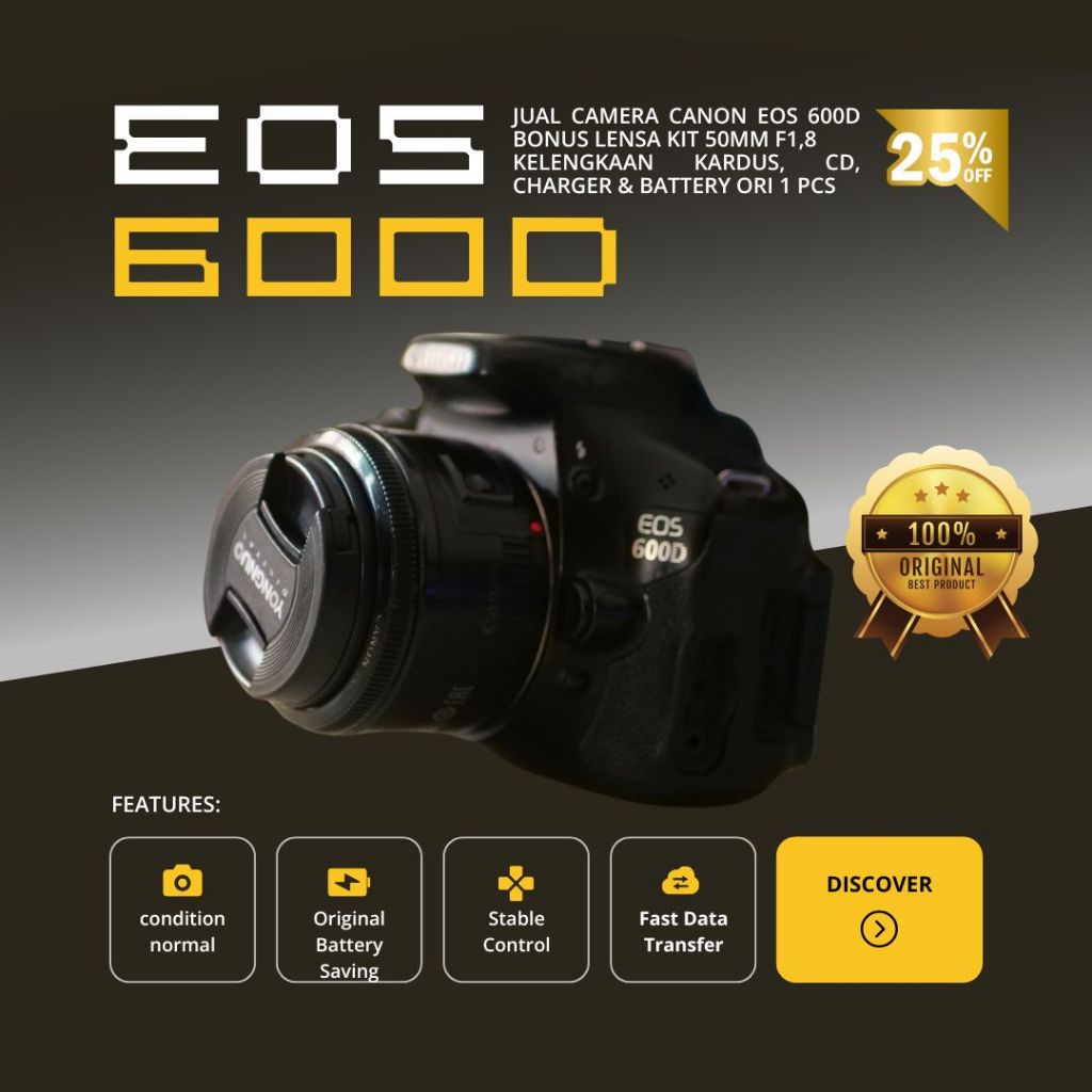 Paket Siap Pakai Kamera Canon 600D + Lensa Kit 50 mm f1,8 + Dus Book + CD + Charger Original Bawaan 