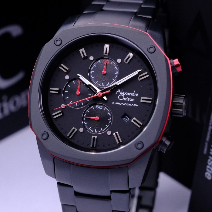 Alexandre Christie Pria Terbaru Chronograph Series Original Warna Black Ring Red - AC6658
