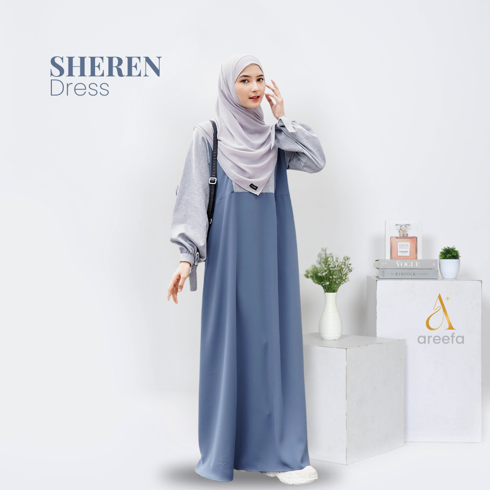 Areefa - Gamis Wanita Remaja Kekinian Terbaru Dress Gamis Muslim Polos Kombinasi Warna Biru Blue Den