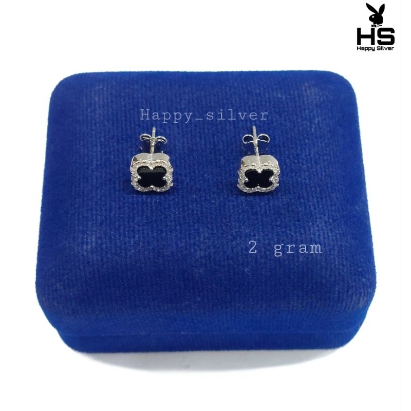 D3W Giwang Perak Asli 925 Silver Lapis Emas Putih - Model Clover Van Cleef Bunga Hitam Permata-