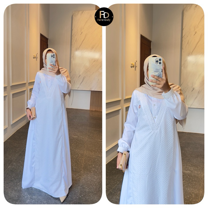 FAME.DAILY PUTIH BORDIR/ GAMIS UMROH/ GAMIS HAJI/ GAMIS KATUN/ GAMIS PUTIH BERSIH/ GAMIS PUTIH ADEM/