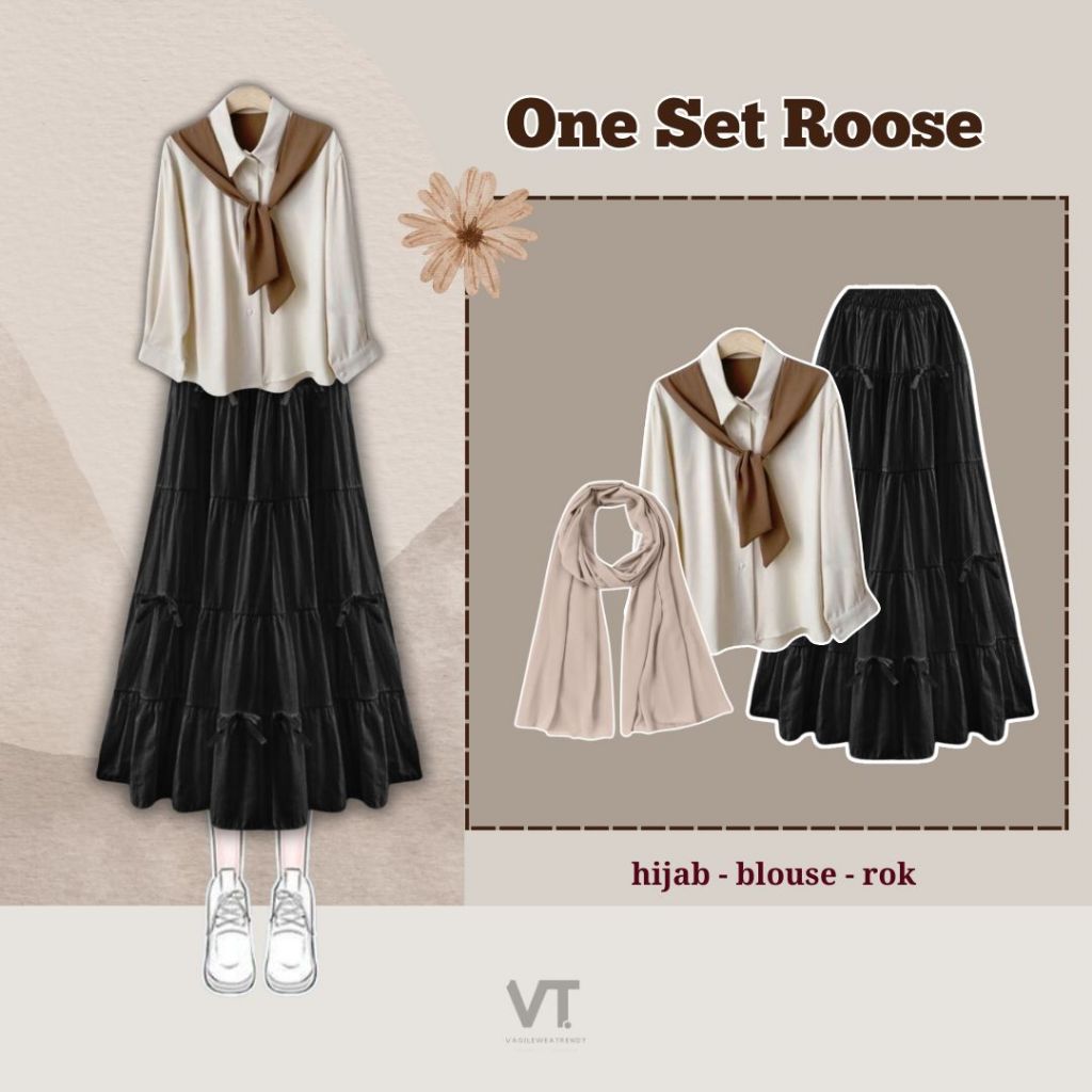 One Set Roose (Hijab, Blouse, Rok) OOTD Korea Fashion Wanita