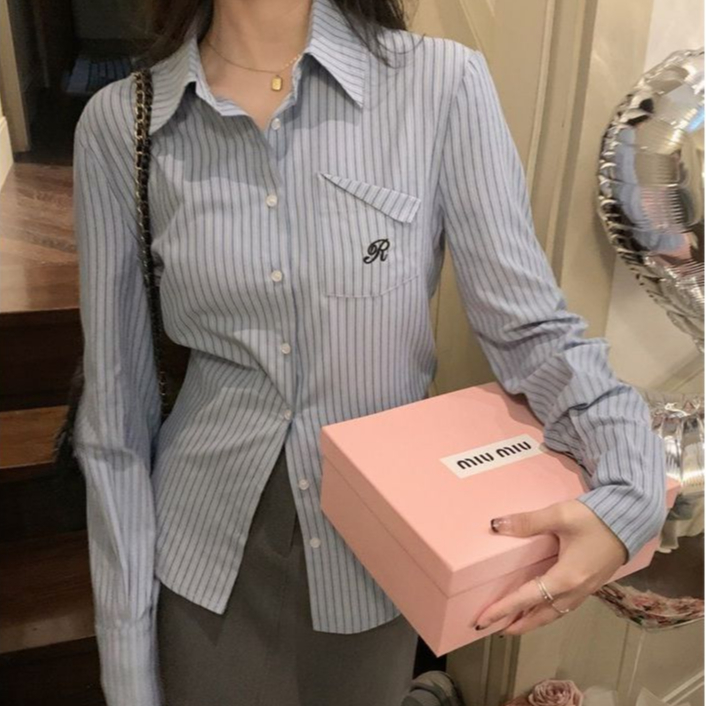 Kemeja Salur Kemeja Vintage Wanita Korean Blouse Kemeja Wanita Lengan Panjang