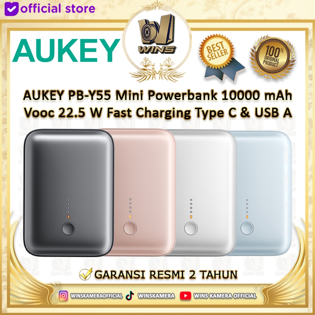 AUKEY PB-Y55 Mini Powerbank 10000 mAh Fast Charging Type C & USB A - Putih, Abu-abu, Pink