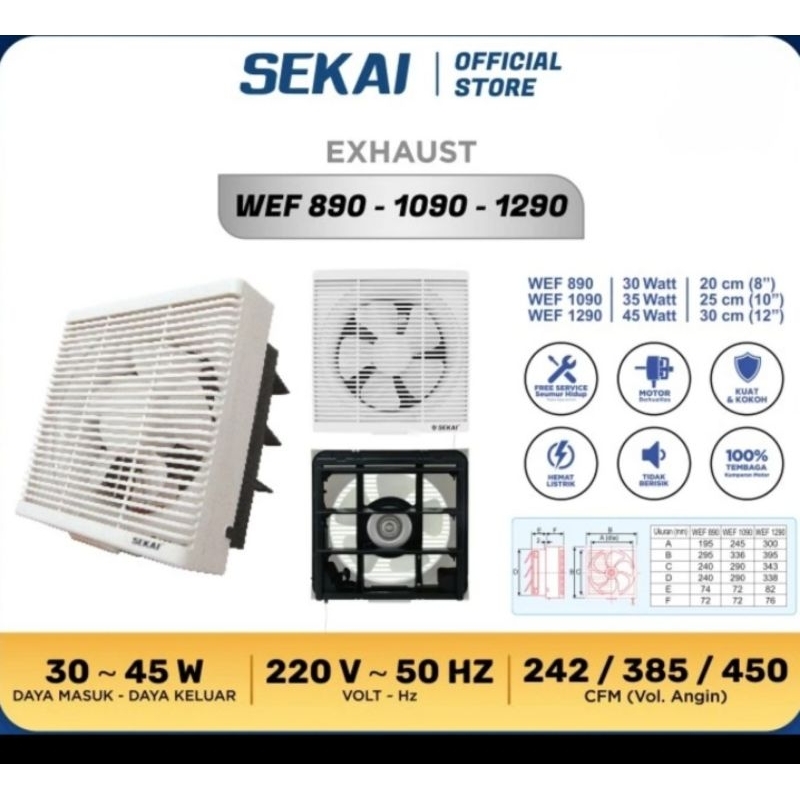 SEKAI Exhaust Fan 8 10 12 Inch WEF 890 1090 1290 Kipas Dinding 20 25 30 cm Plastik Angin 2 Arah