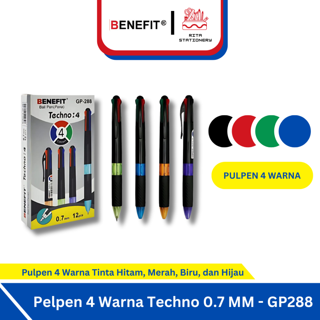 

Pulpen 4 warna Benefit warna warni Gp-288 Techno 4 / 0.7mm - Satuan