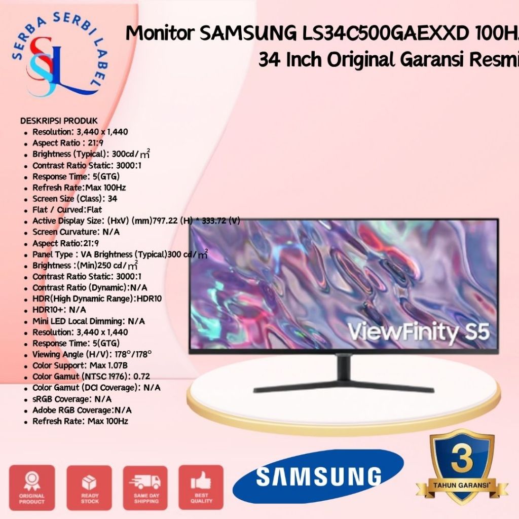 Monitor SAMSUNG LS34C500GAEXXD 100Hz 34 Inch Original Garansi Resmi - 34Inch