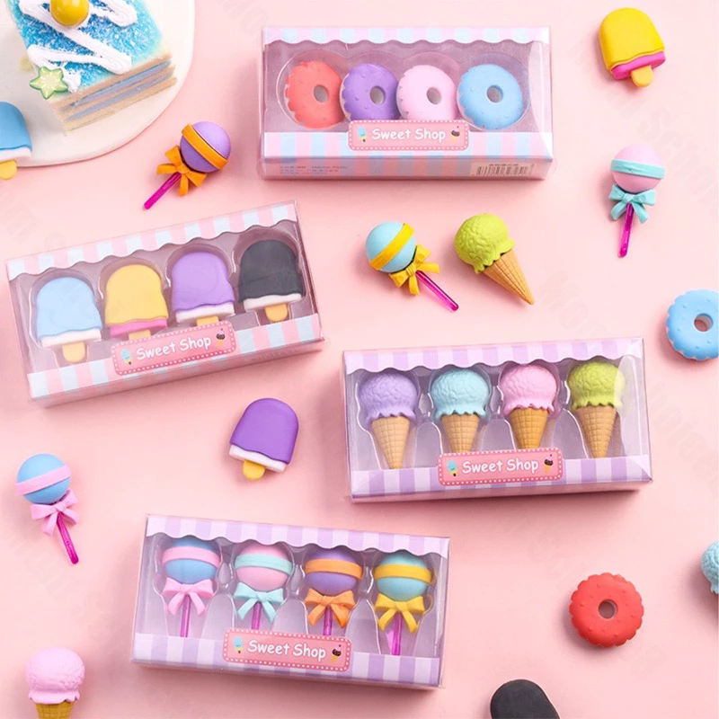 

Penghapus Karakter Lucu Unik Set isi 4 Pcs bentuk Donat, Ice Cream, Lolipop dan Es Krim Penghapus Pensil