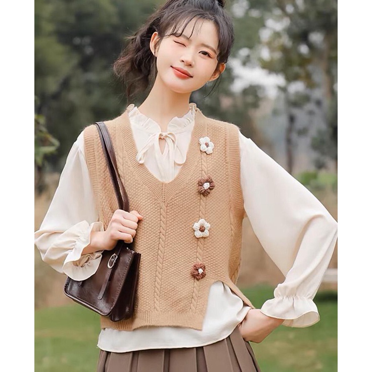 FG2 ATASAN RAJUT WANITA flower rompi vest rajut rompi bunga Kaos Import Wanita tanpa Lengan  vest ko