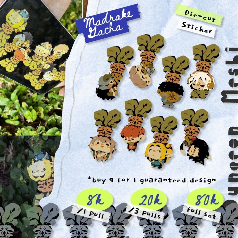 

Dungeon Meshi Mandrake Gacha Sticker (Senshi, Laios, Falin, Chilchuck, Marcille, Izutsumi, Kabru, Mithrun)