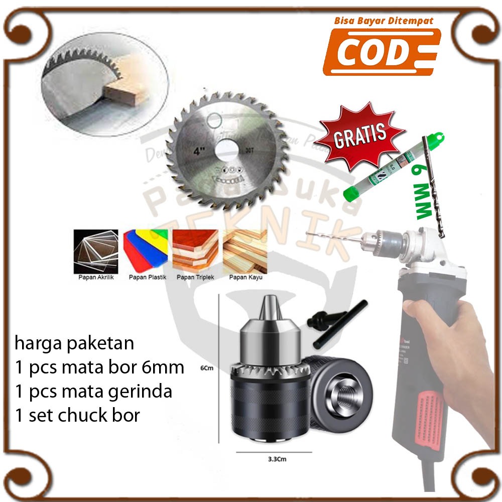 kepala chuck bor gerinda + mata gerinda gergaji pemotong kayu triplek akrilik 30t circular blade