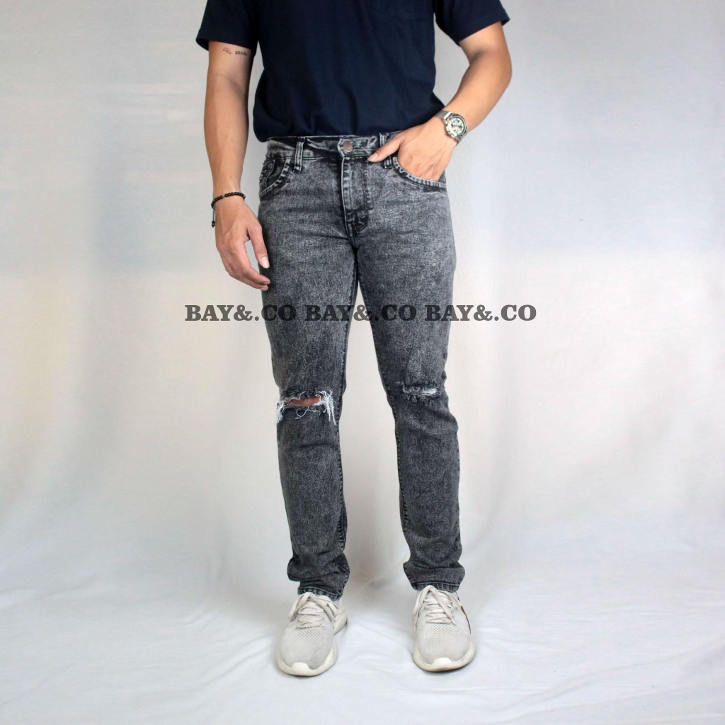 FIFTEEN  - Celana Jeans Denim Panjang Sobek Lutut Simple Slim Fit Skiny Sandwash Original Destro
