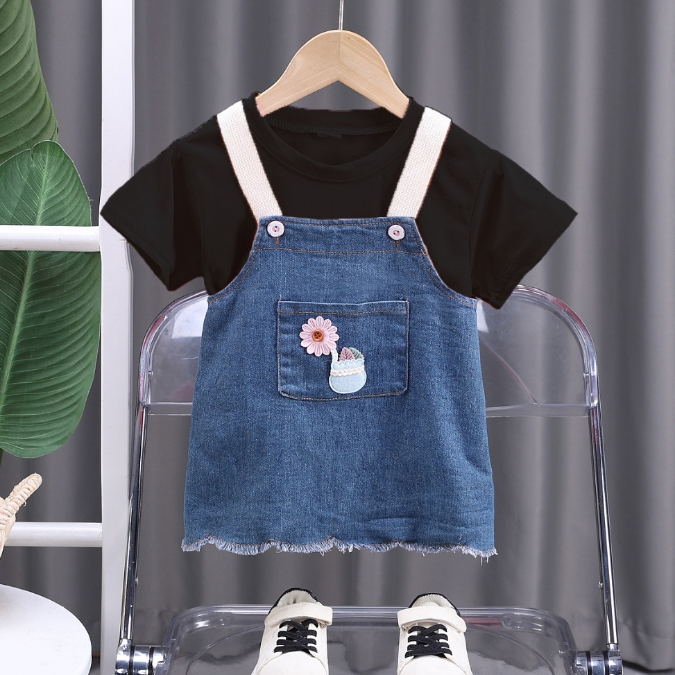 KODE M34I anak bayi setelan merah perempuan baju kodok jins anak perempuan baju kodok 2in1 rok jins 