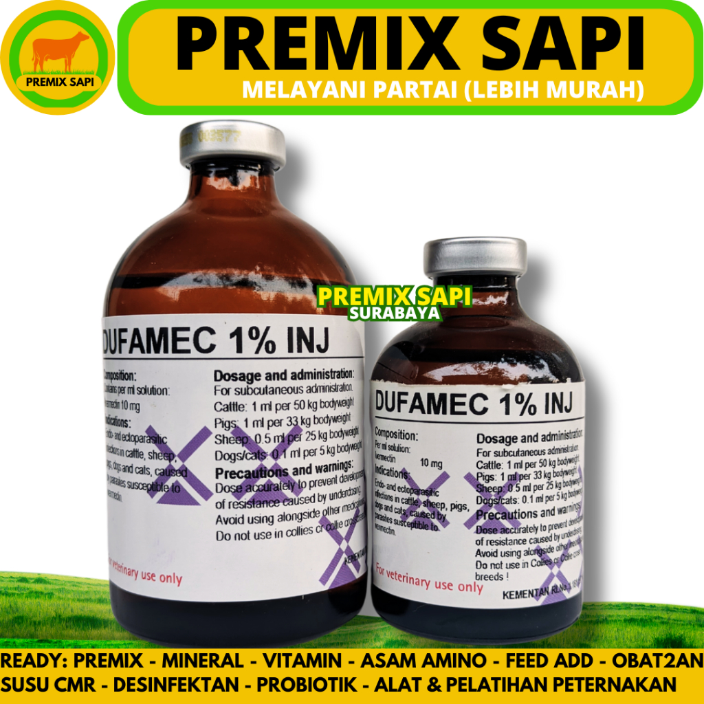 DUFAMEC 1% INJ 100 ML - Obat Cacing Kutu gudig Scabies Ampuh Sapi Kambing Babi Domba Like Intermecti