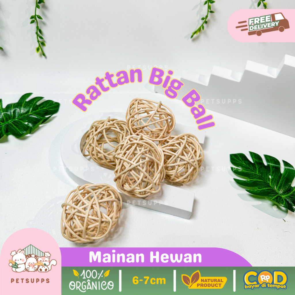 Petsupps Bola rotan kelinci 6cm | ukuran besar | mainan hewan peliharaan kecil natural | gigitan hew