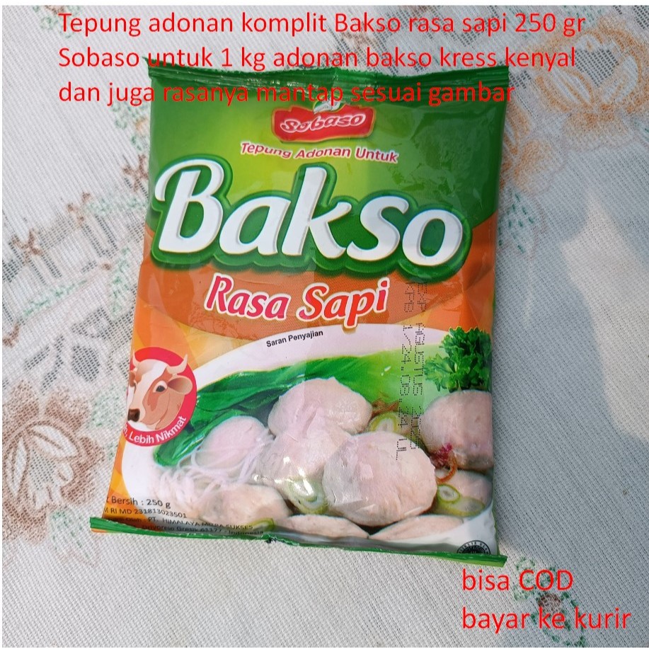 

Tepung adonan komplit Bakso rasa sapi 250 gr Sobaso untuk 1 kg adonan bakso kress kenyal dan juga rasanya mantap sesuai gambar