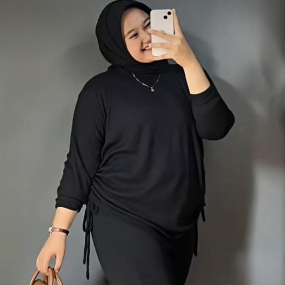 VALEN KHUSUS JUMBO - Crop serut samping kiri & kanan lengan panjang kerut tali top knit korea jumbo